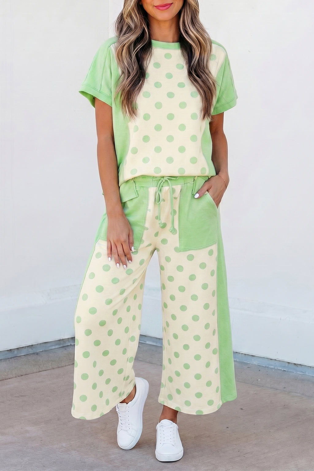 Pink Color Block Patchwork Polka Dot Wide Leg Pant Set